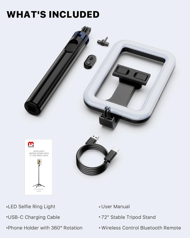 M MYBAT PRO Selfie Ring Light with 72" Tripod Stand - Extendable Selfie Stick with Light for Phone, Live Streaming, Makeup, Travel, Gaming, Video, Includes Phone Holder& USB-C Powered - Image 5
